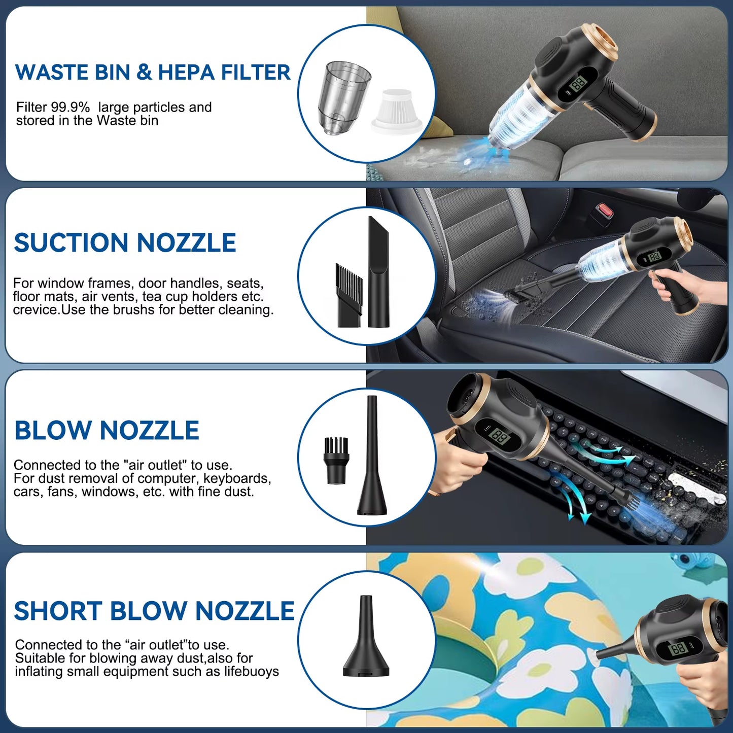 BELIBUY Powerful 2-In-1 Air Duster & Vacuum, Handheld Cordless Cleaner with Digital Display for Electronics Car Home Office