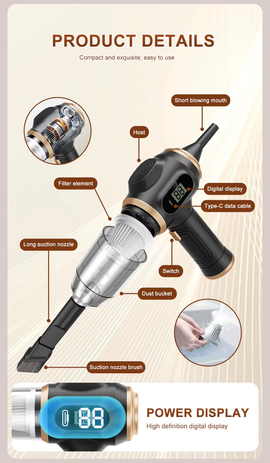 BELIBUY Powerful 2-In-1 Air Duster & Vacuum, Handheld Cordless Cleaner with Digital Display for Electronics Car Home Office